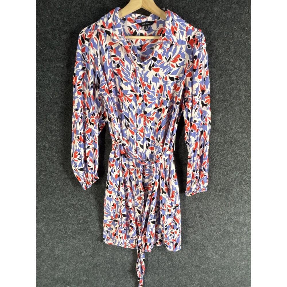 Well Worn Shirt Dress Women M Medium White Floral Short Collared Belted Button